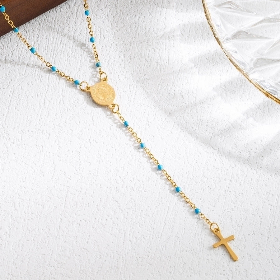 Jewelry Elegant Classical Cross Virgin Mary Priest Stainless Steel Beaded 18K Gold Plated Plating Necklace