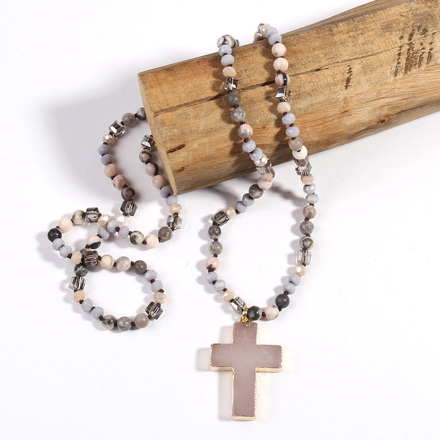 fashion bohemian style necklace natural stone mixed glass cross sweater chain necklace