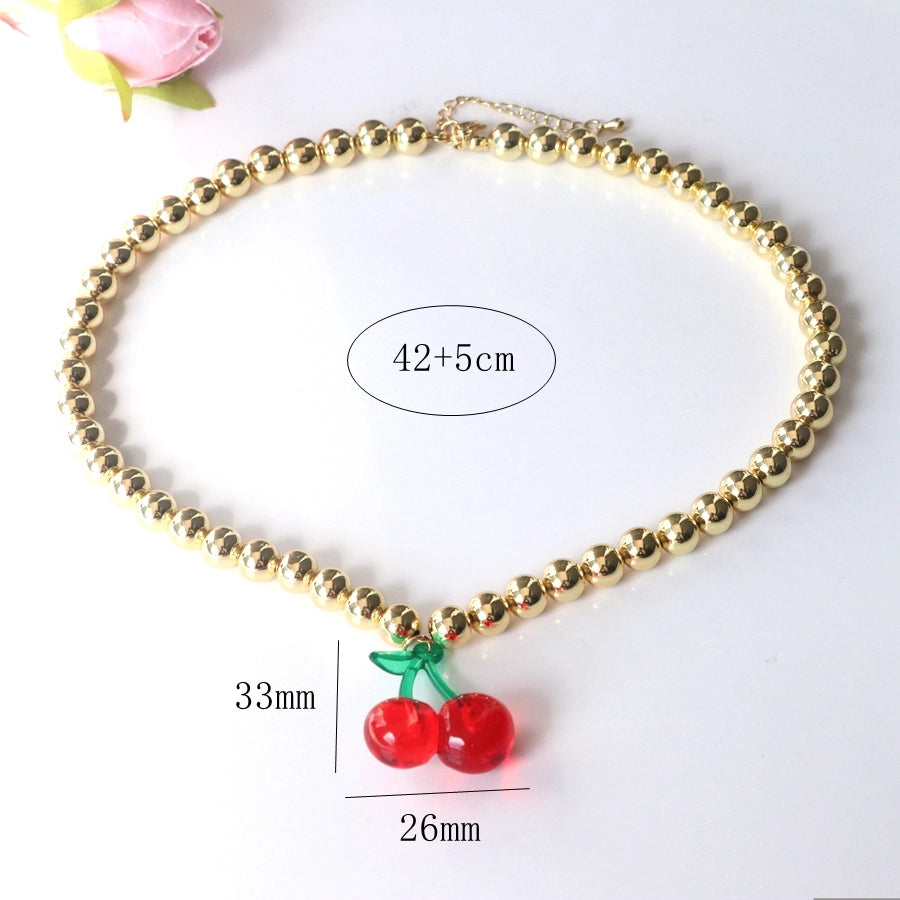 Resin Copper 18K Gold Beaded Chain 18K Gold Plated Cherry Strawberry Pendant Necklace