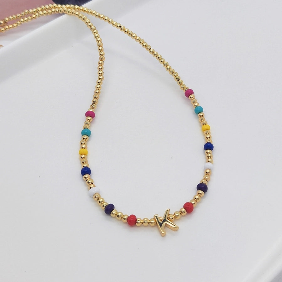 ig style simple style letter glass copper beaded knitting plating 18k gold plated necklace