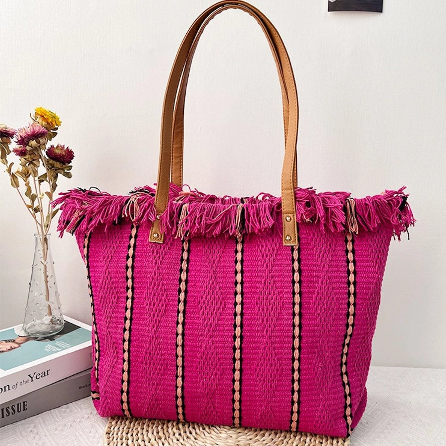 Women's Cotton Stripe Classic Style Tassel Square Magnetic Buckle Tote Bag