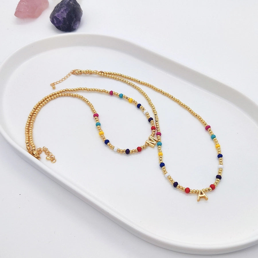 ig style simple style letter glass copper beaded knitting plating 18k gold plated necklace