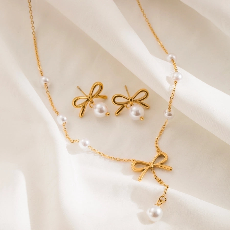 Jewelry Simple Style Classic Style Bow Knot 304 Stainless Steel Artificial Pearls 18K Gold Plated Jewelry Set