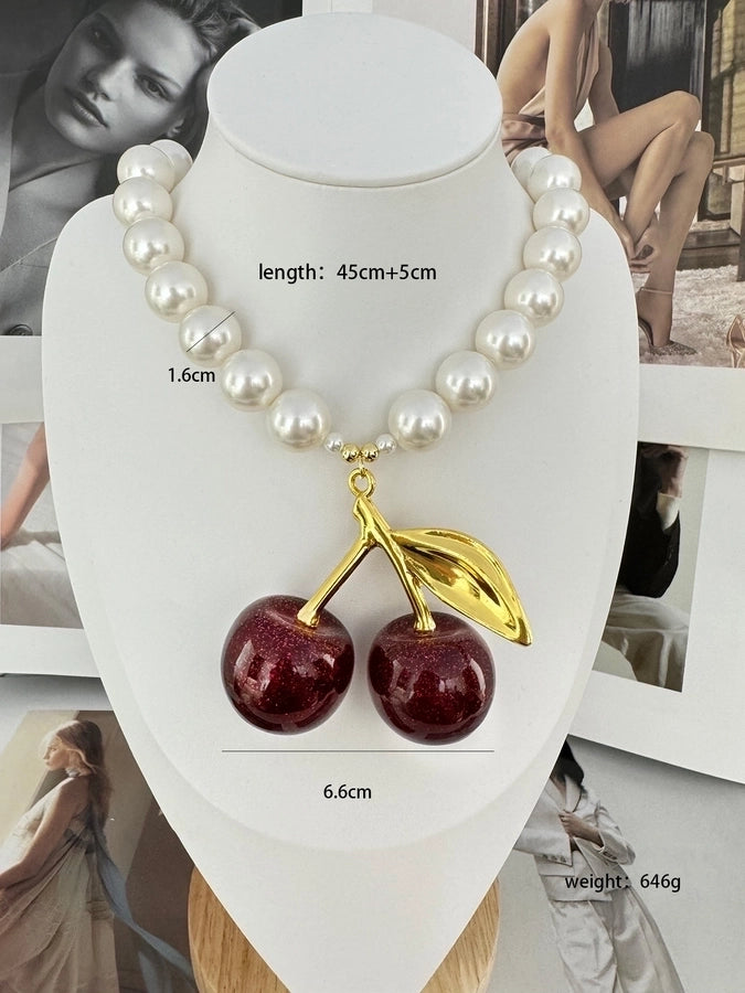 Cute Oversized Cherry Pearl 18K Gold Plated Artificial Pearl Glass Brass Beaded Chain Statement Necklaces