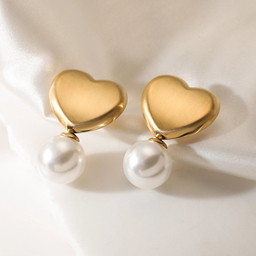 1 Pair Retro Simple Style Heart Shape Inlay 304 Stainless Steel Pearl Drop Earrings