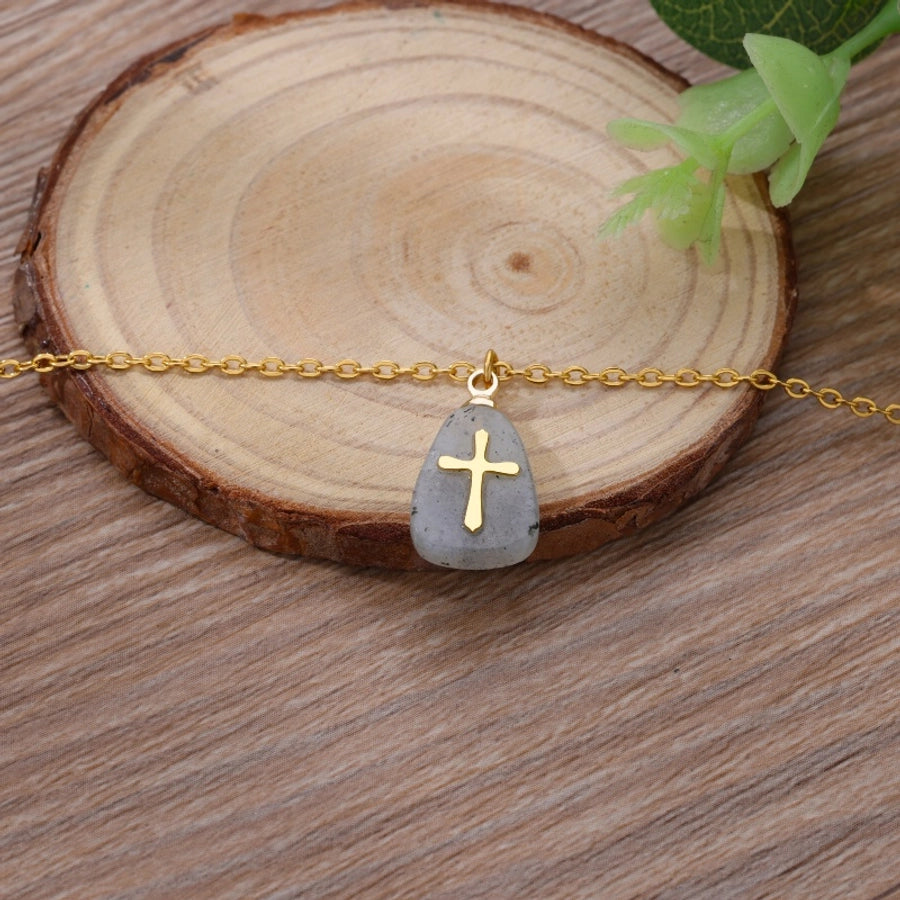 Classical Vintage Style Simple Style Cross 304 Stainless Steel natural stone Pendant Necklace In Bulk