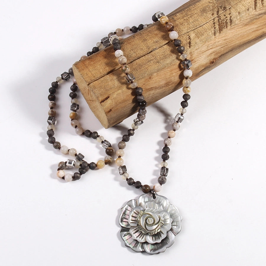 Retro Flower Semi-precious stone Glass Shell  Sweater Chain In Bulk Natural stone necklace