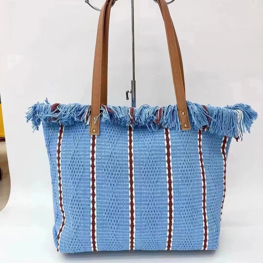 Women's Cotton Stripe Classic Style Tassel Square Magnetic Buckle Tote Bag