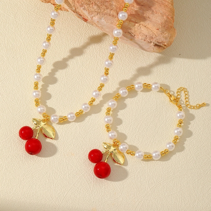 Jewelry Elegant Cherry Copper 18K Gold Plated Beaded Pearl Jewelry Set