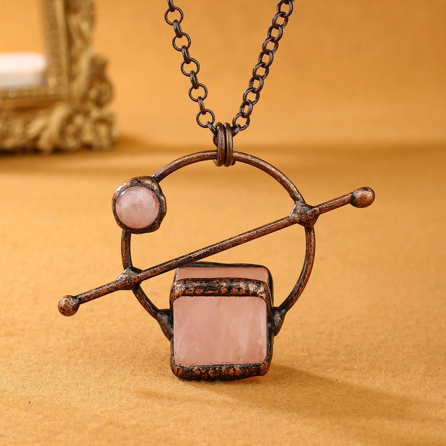 Rose Quartz Copper Irregular Natural Stone Pendant Necklace