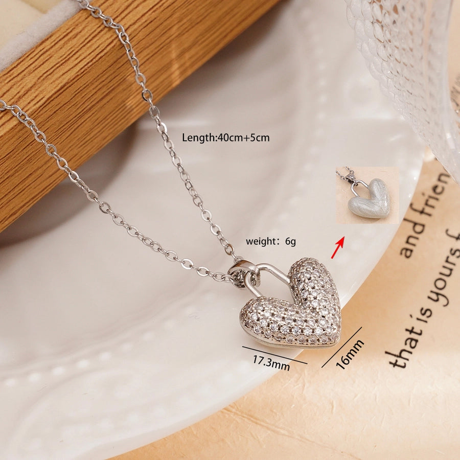 Jewelry IG Style Heart Shape 304 Stainless Steel Copper Rhinestones Pearl Inlay Pendant Necklace