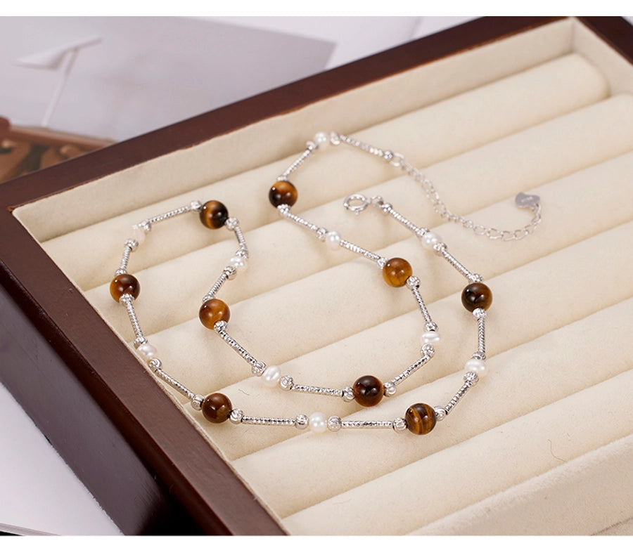 925 Sterling Silver Tiger Eye Long-Lasting Plated  Beaded Pearl Plating Geometric Necklace