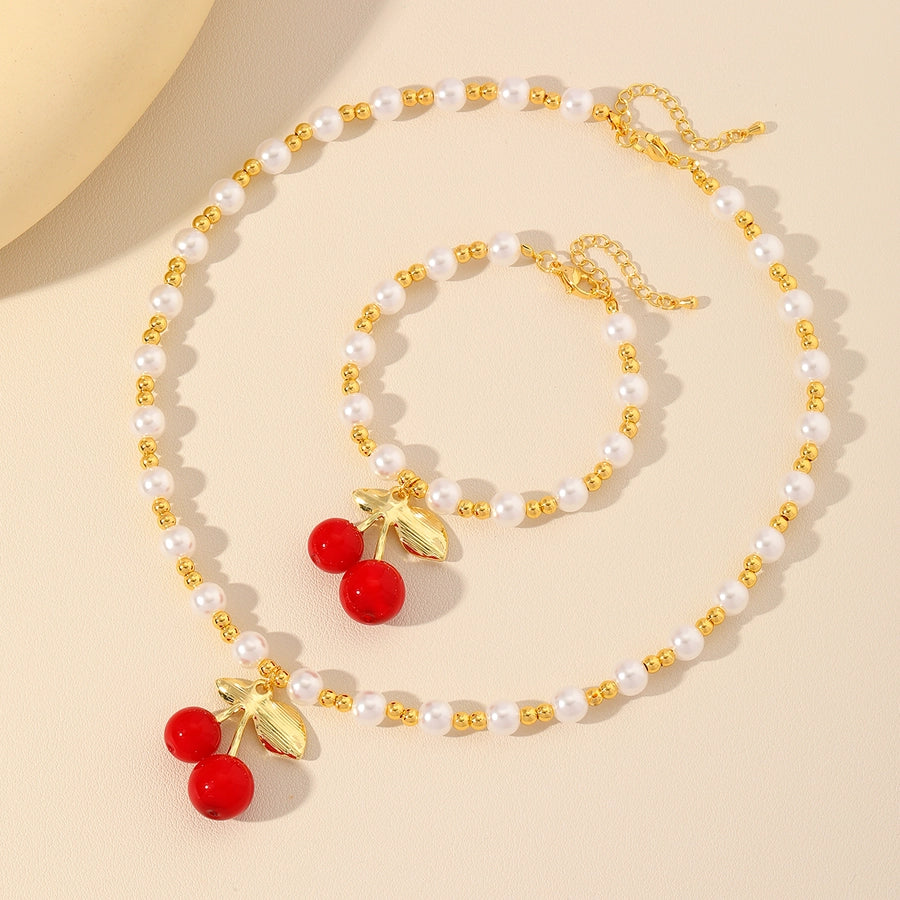 Jewelry Elegant Cherry Copper 18K Gold Plated Beaded Pearl Jewelry Set