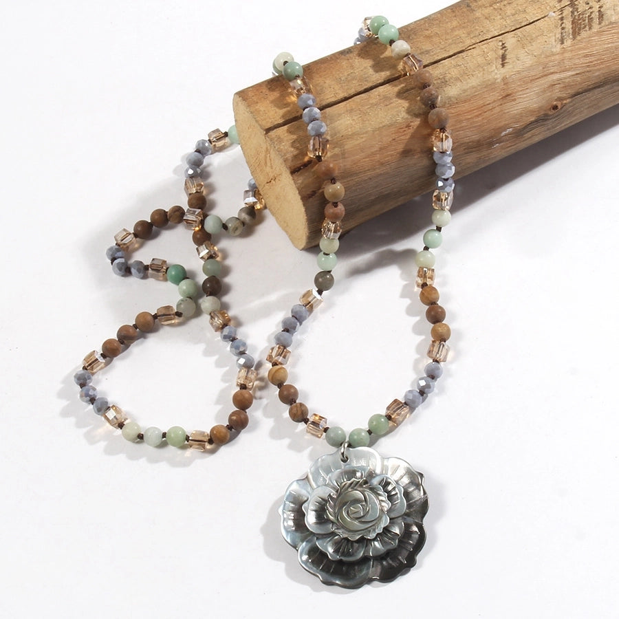 Retro Flower Semi-precious stone Glass Shell  Sweater Chain In Bulk Natural stone necklace