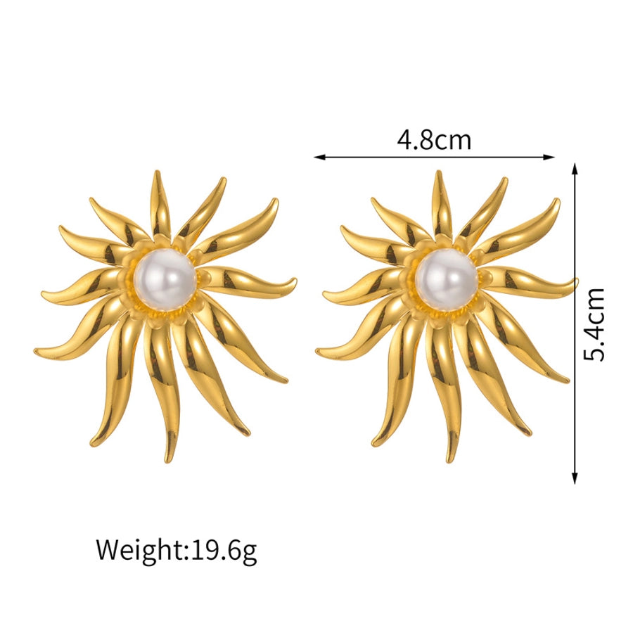 1 Piece Exaggerated Geometric Coral Flower Plating Inlay 304 Stainless Steel Pearl 18K Gold Plated Ear Studs