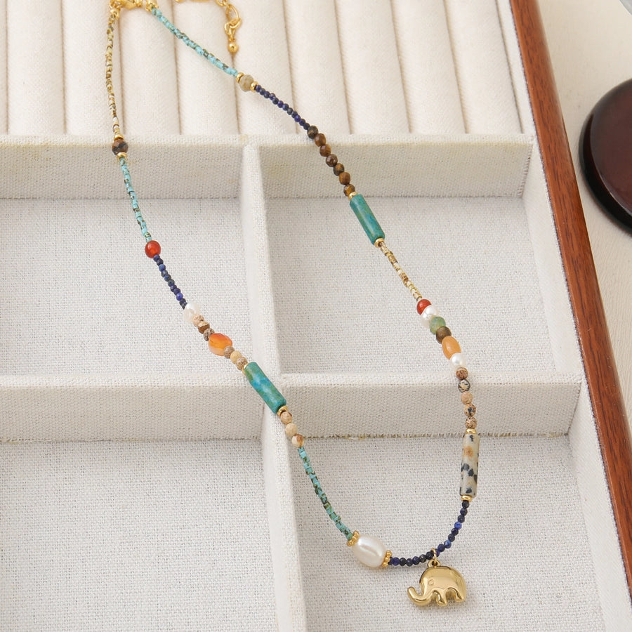 Casual Cute Commute Elephant natural stone Freshwater Pearl Copper Beaded Chain Beaded Necklaces