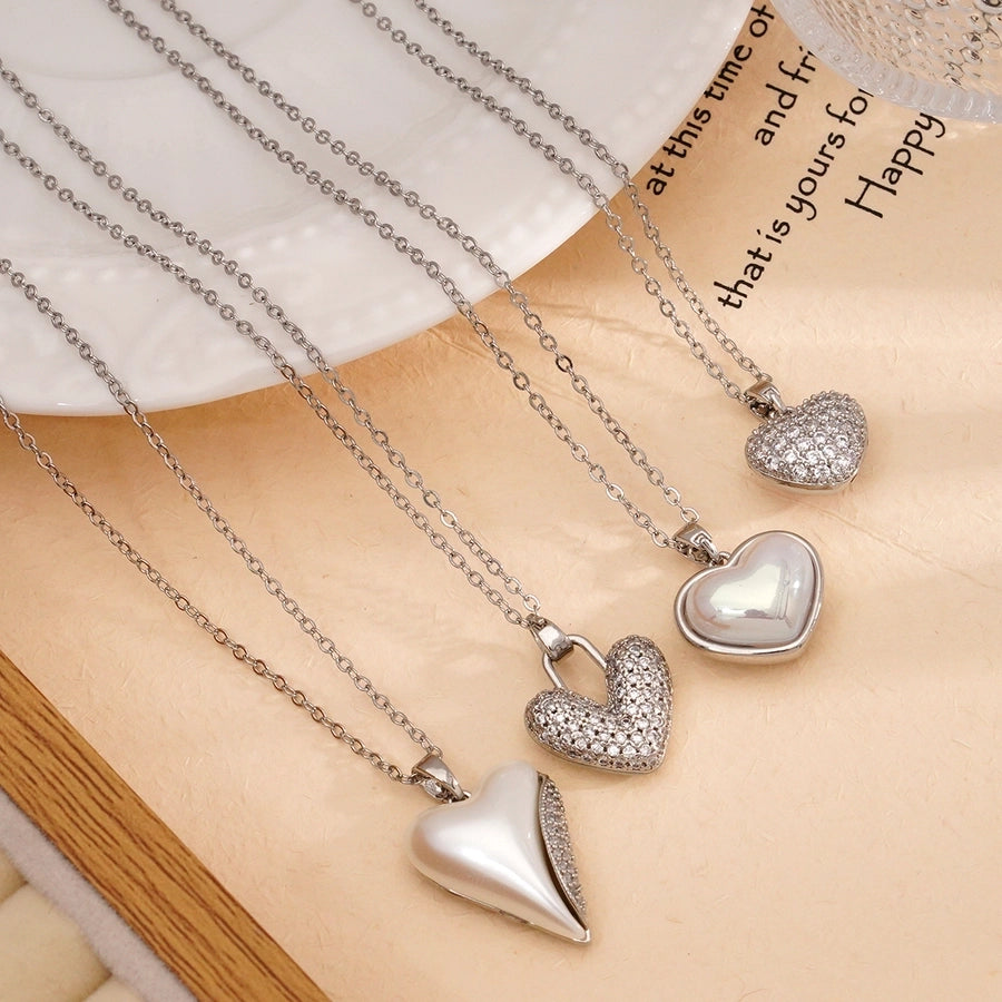 Jewelry IG Style Heart Shape 304 Stainless Steel Copper Rhinestones Pearl Inlay Pendant Necklace