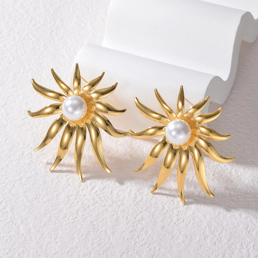 1 Piece Exaggerated Geometric Coral Flower Plating Inlay 304 Stainless Steel Pearl 18K Gold Plated Ear Studs