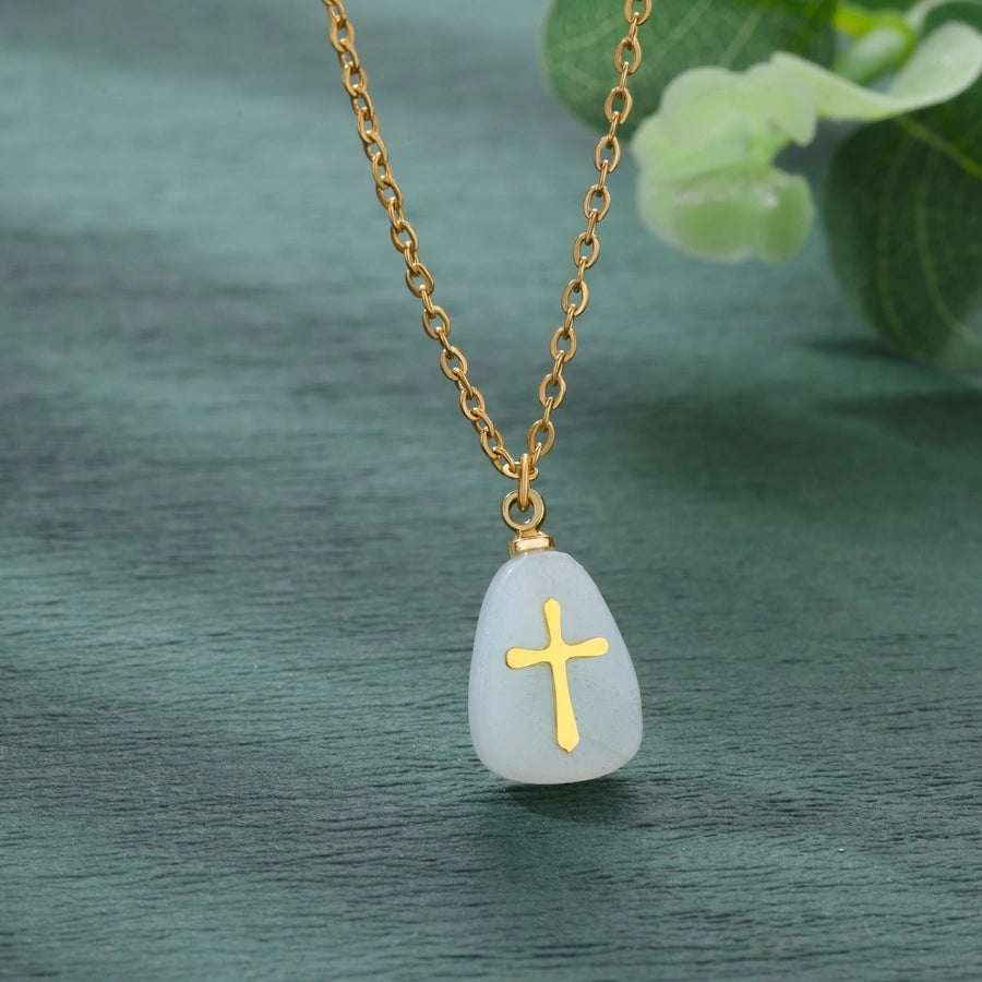 Classical Vintage Style Simple Style Cross 304 Stainless Steel natural stone Pendant Necklace In Bulk