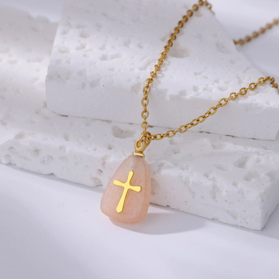 Classical Vintage Style Simple Style Cross 304 Stainless Steel natural stone Pendant Necklace In Bulk