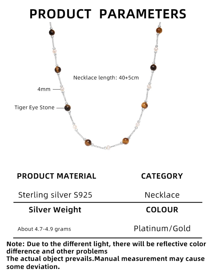 925 Sterling Silver Tiger Eye Long-Lasting Plated  Beaded Pearl Plating Geometric Necklace