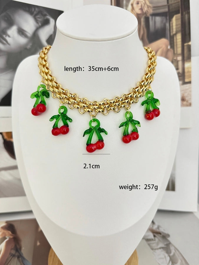 Cute Oversized Cherry Pearl 18K Gold Plated Artificial Pearl Glass Brass Beaded Chain Statement Necklaces