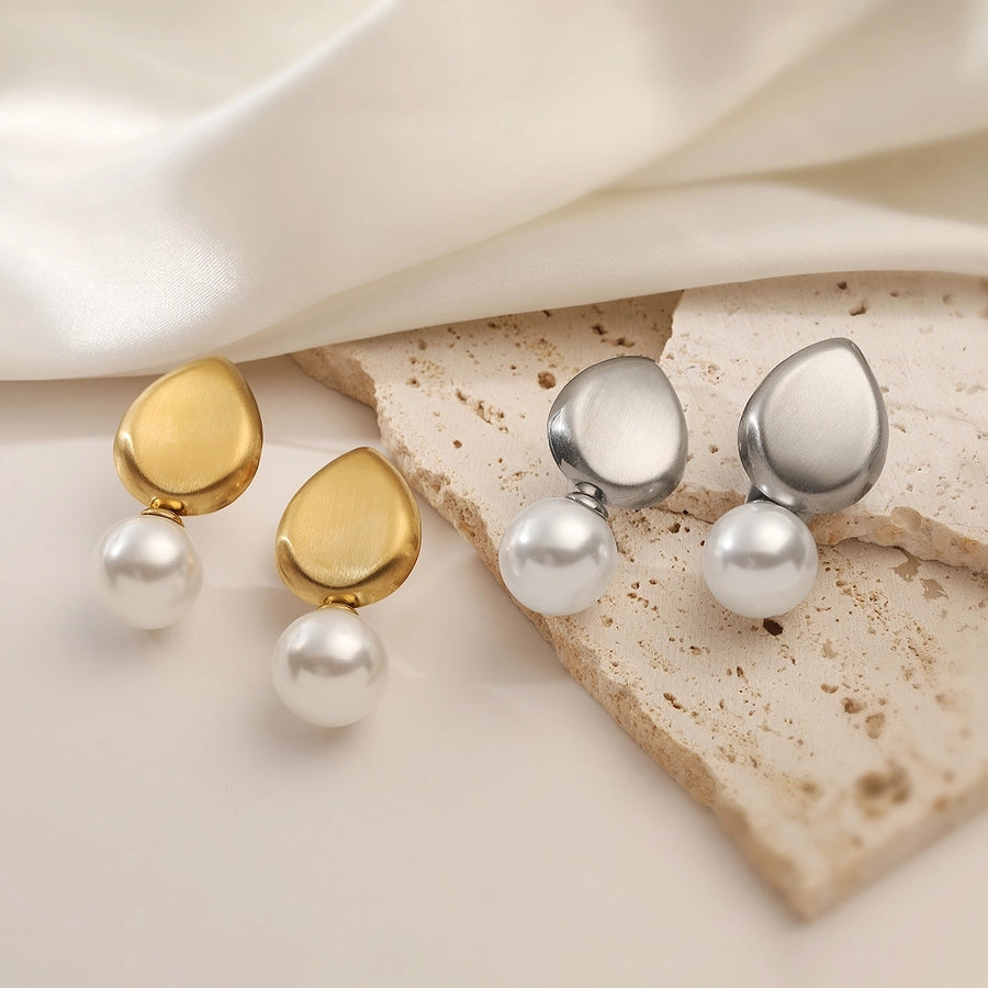 1 Pair Retro Water Droplets Plating Inlay 304 Stainless Steel Artificial Pearls 18K Gold Plated Drop Earrings