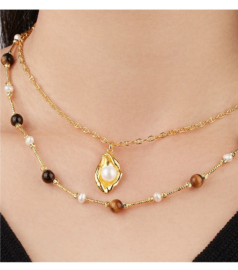 925 Sterling Silver Tiger Eye Long-Lasting Plated  Beaded Pearl Plating Geometric Necklace