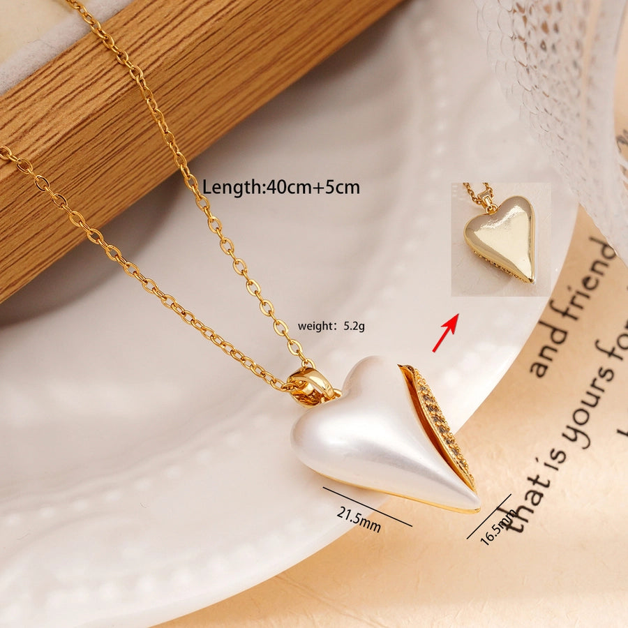 Jewelry IG Style Heart Shape 304 Stainless Steel Copper Rhinestones Pearl Inlay Pendant Necklace