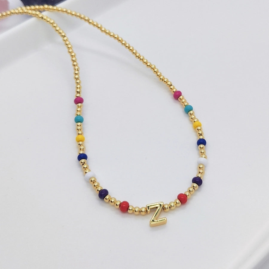 ig style simple style letter glass copper beaded knitting plating 18k gold plated necklace