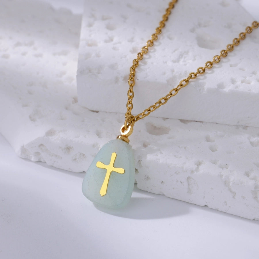 Classical Vintage Style Simple Style Cross 304 Stainless Steel natural stone Pendant Necklace In Bulk