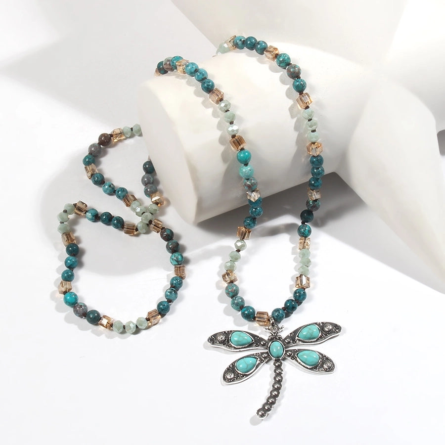 Retro Dragonfly Alloy natural stone Turquoise Beaded Chain Pendant Necklace Sweater Chain In Bulk Natural stone necklace