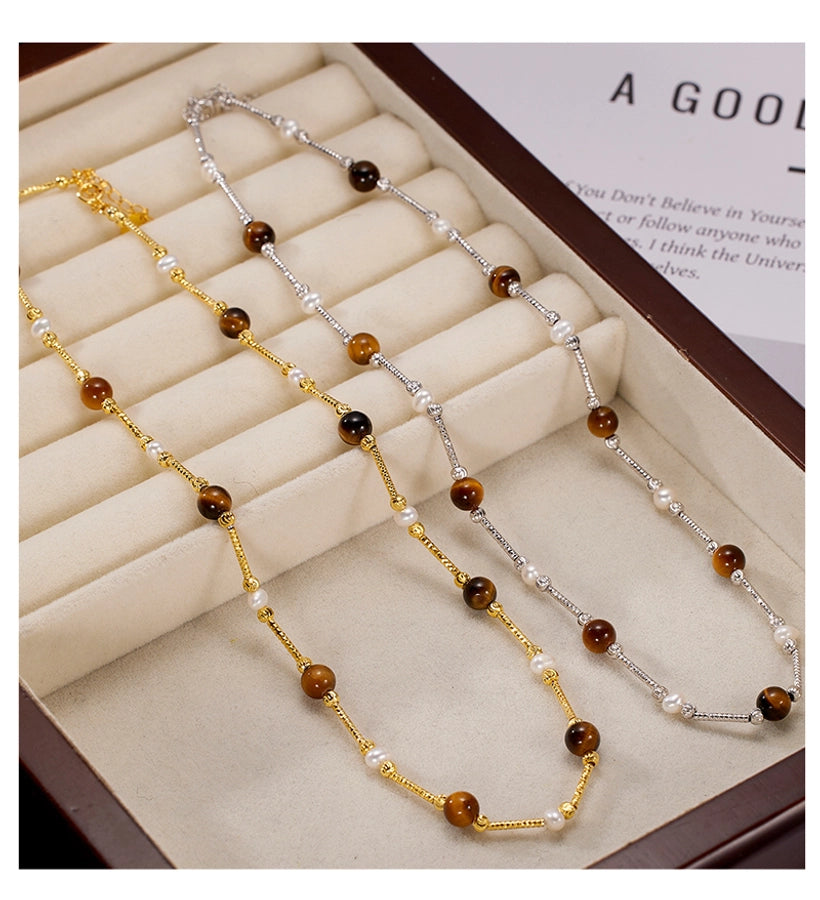 925 Sterling Silver Tiger Eye Long-Lasting Plated  Beaded Pearl Plating Geometric Necklace