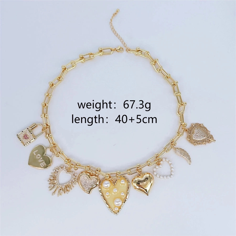 Imitation Pearl Copper 18K Gold Plated Heart Shape Zircon Multi Charms Bracelet Multi Charms Necklace