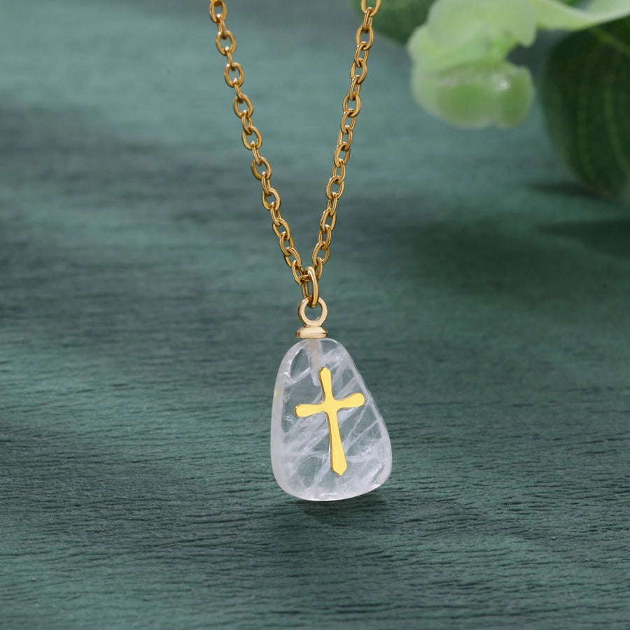 Classical Vintage Style Simple Style Cross 304 Stainless Steel natural stone Pendant Necklace In Bulk