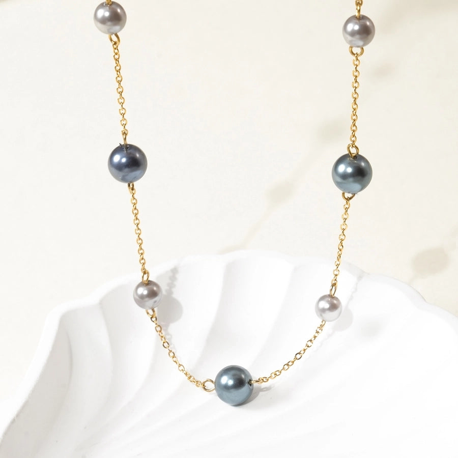 Jewelry Elegant Geometric 304 Stainless Steel Artificial Pearls 14K Gold Plated Polishing Inlay Necklace