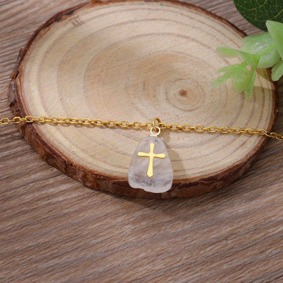 Classical Vintage Style Simple Style Cross 304 Stainless Steel natural stone Pendant Necklace In Bulk