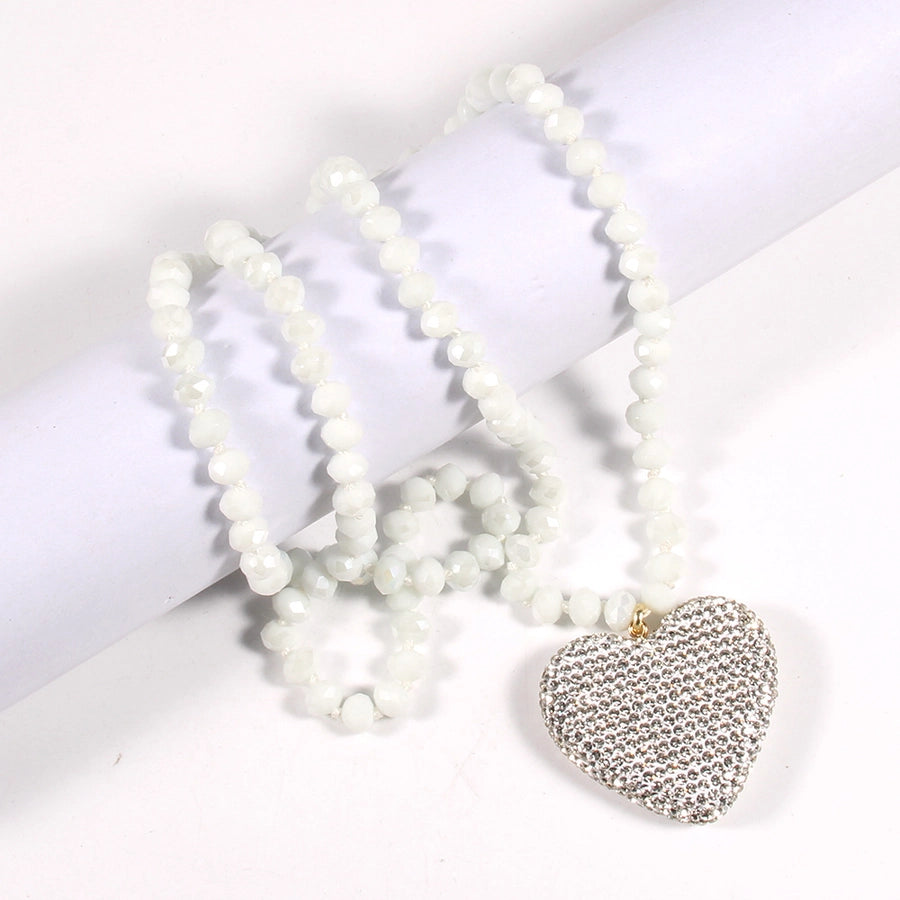 Shiny Heart Shape Glass Rhinestones  Pendant Necklace Sweater Chain In Bulk Natural stone necklace