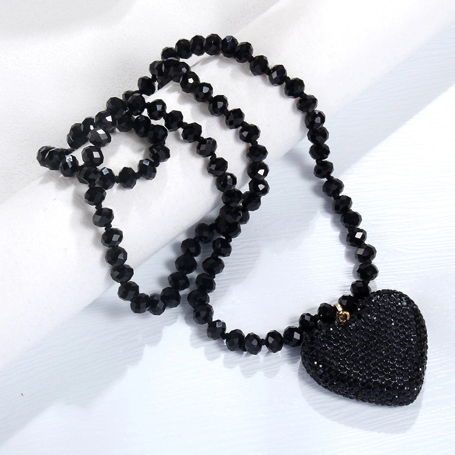 Shiny Heart Shape Glass Rhinestones  Pendant Necklace Sweater Chain In Bulk Natural stone necklace