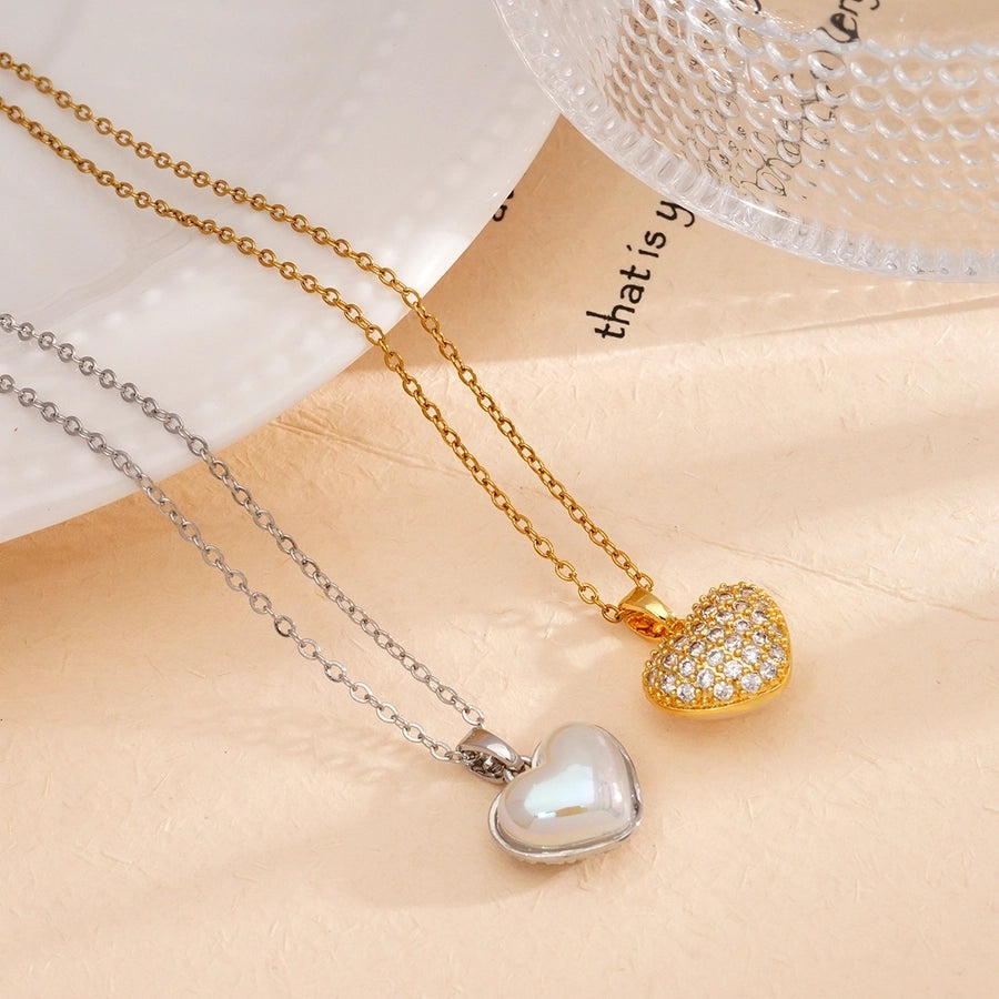 Jewelry IG Style Heart Shape 304 Stainless Steel Copper Rhinestones Pearl Inlay Pendant Necklace