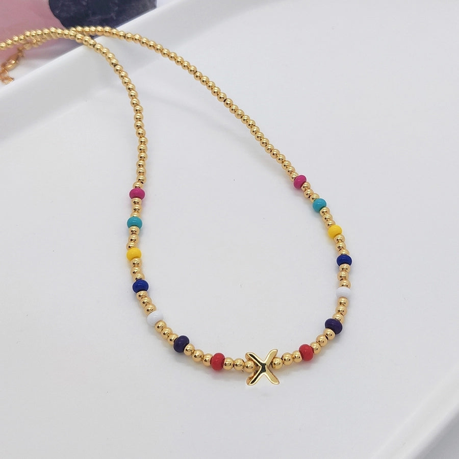 ig style simple style letter glass copper beaded knitting plating 18k gold plated necklace