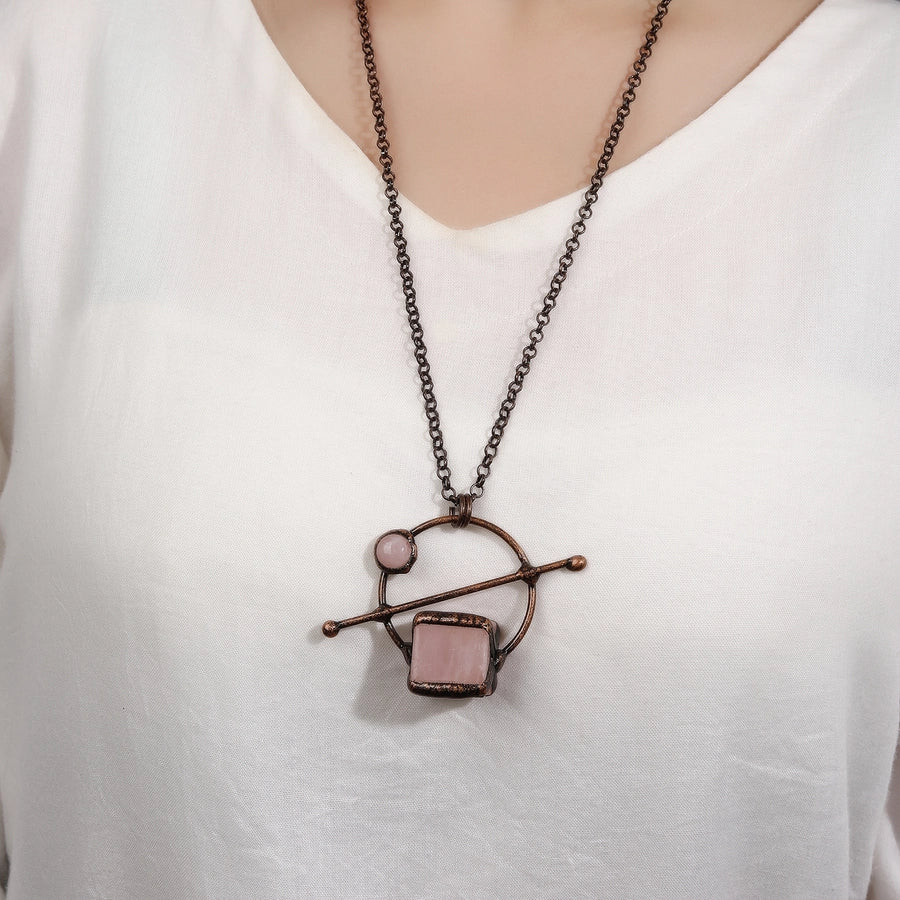 Rose Quartz Copper Irregular Natural Stone Pendant Necklace