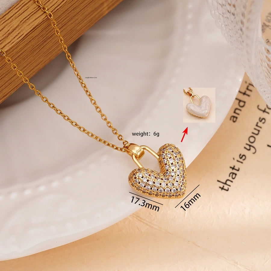 Jewelry IG Style Heart Shape 304 Stainless Steel Copper Rhinestones Pearl Inlay Pendant Necklace