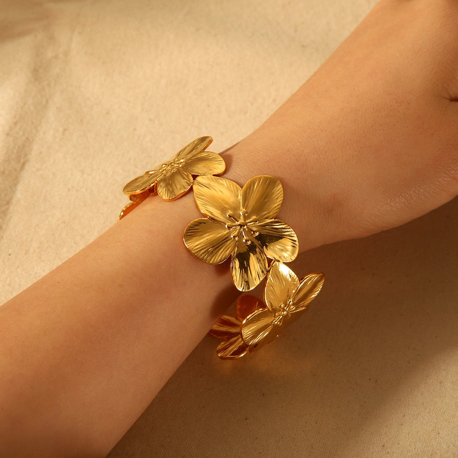 IG Style Flower 304 Stainless Steel Titanium Steel 18K Gold Plated Bangle In Bulk Stainless Steel Bracelets