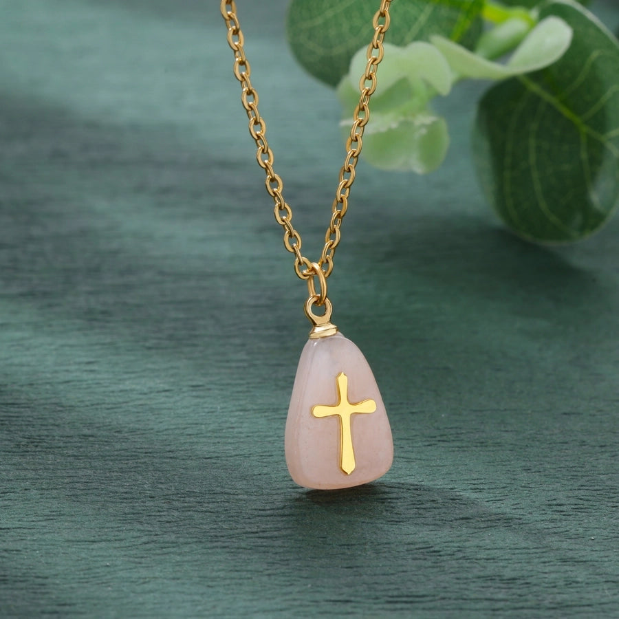 Classical Vintage Style Simple Style Cross 304 Stainless Steel natural stone Pendant Necklace In Bulk