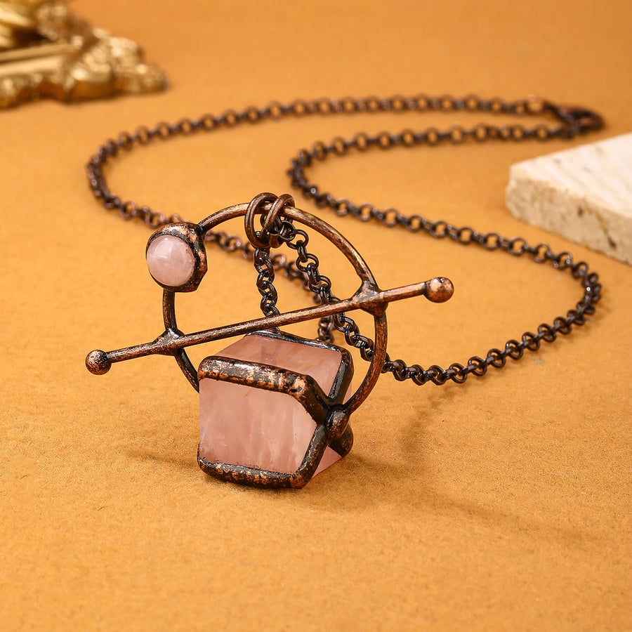 Rose Quartz Copper Irregular Natural Stone Pendant Necklace