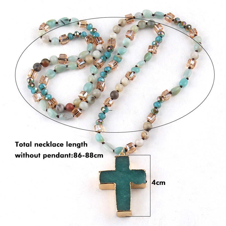 fashion bohemian style necklace natural stone mixed glass cross sweater chain necklace