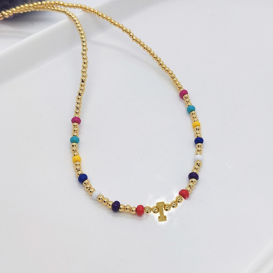 ig style simple style letter glass copper beaded knitting plating 18k gold plated necklace