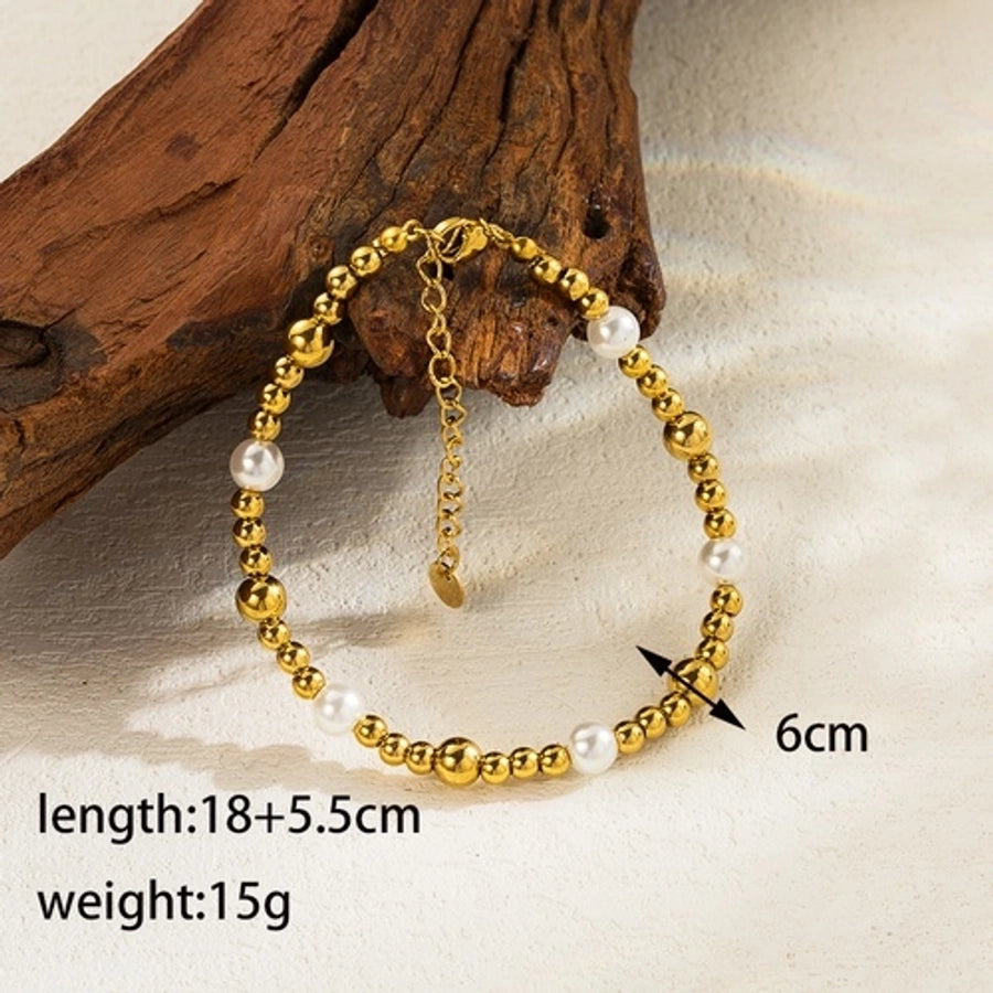 simple style round stainless steel imitation pearl plating 18k gold plated bracelets necklace