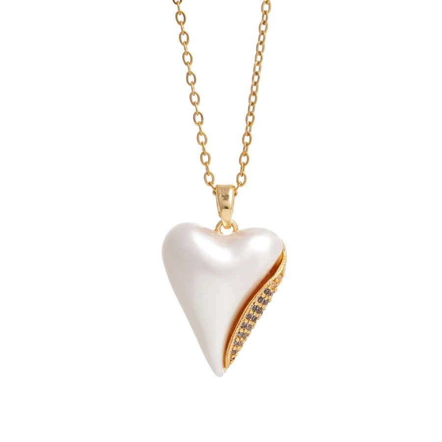 Jewelry IG Style Heart Shape 304 Stainless Steel Copper Rhinestones Pearl Inlay Pendant Necklace